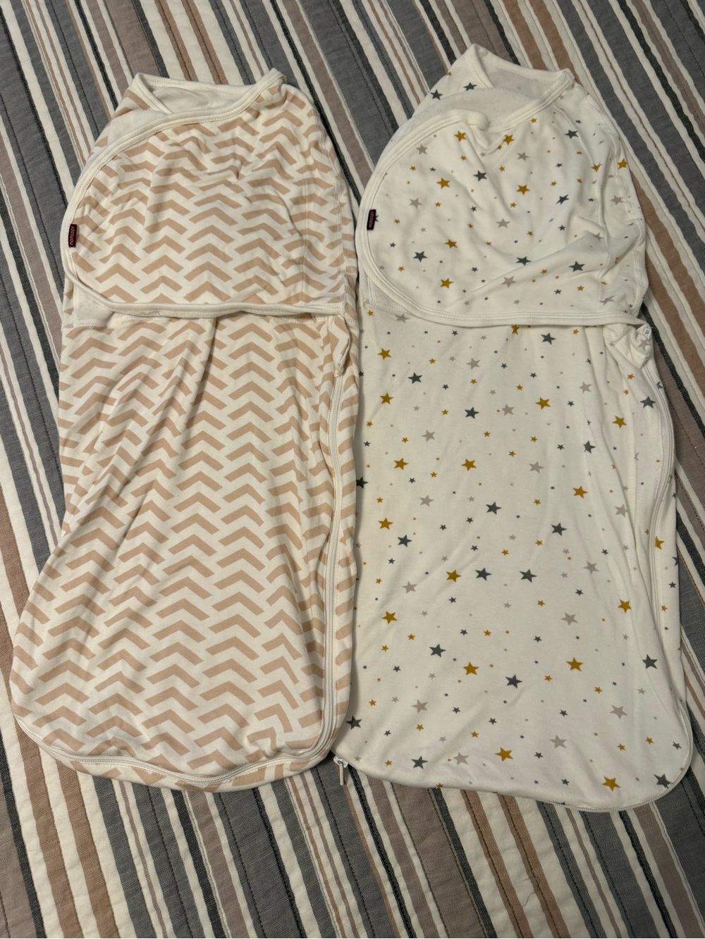 Cozy Infant Sleep Sacks in Beige Chevron & White Star Prints